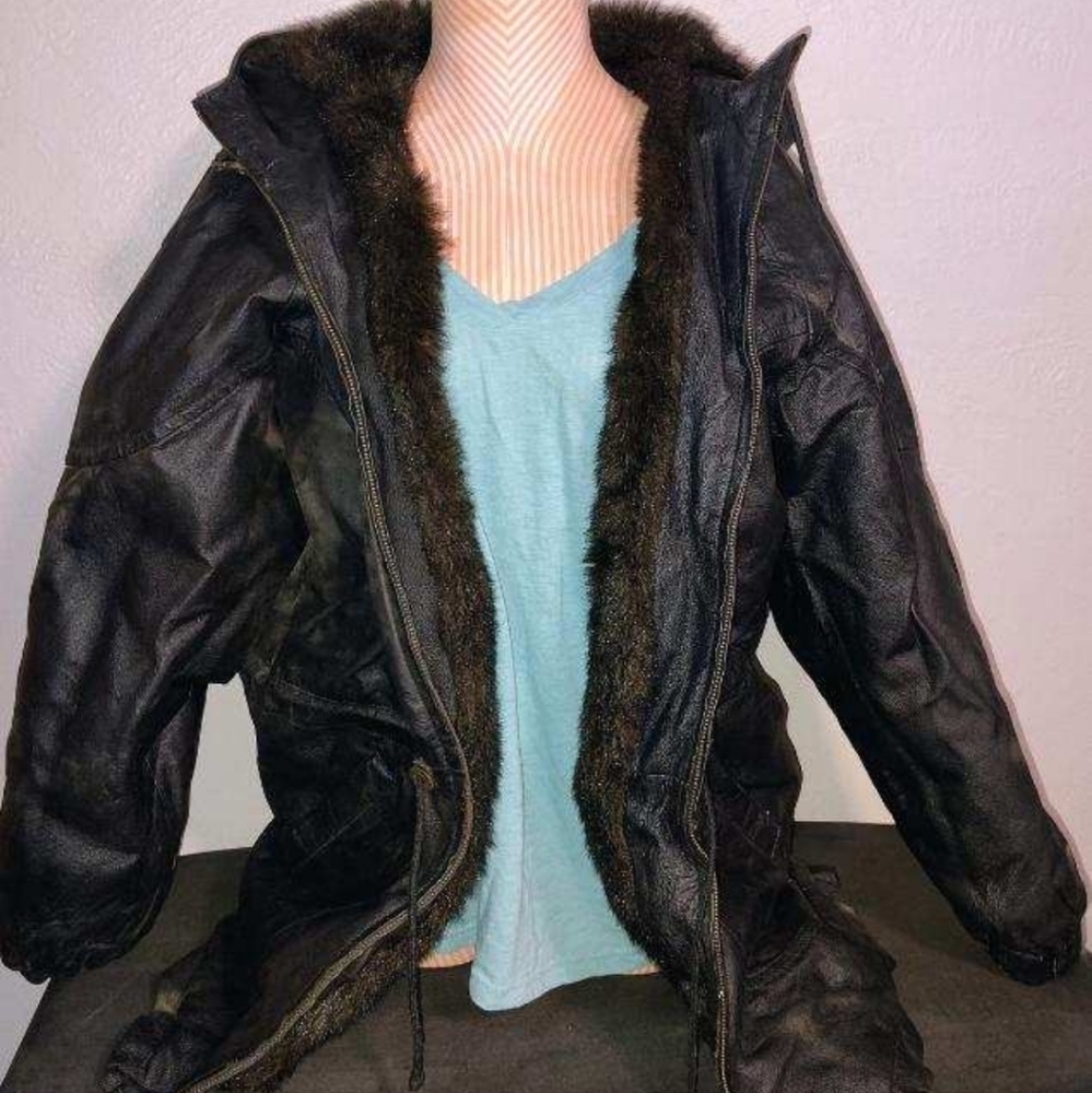 Charles Klein  Black Leather Vtg Reversible Faux Fur Black Jacket Coat
